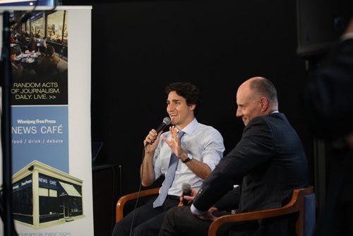 RUTH BONNEVILLE / WINNIPEG FREE PRESS  Prime Minister Justin Trudeau is interviewed by WFP editor Paul Samyn at the Winnipeg Free Press News Cafe with students from Children of the Earth high school in the audience Thursday.  June 02 / 2016