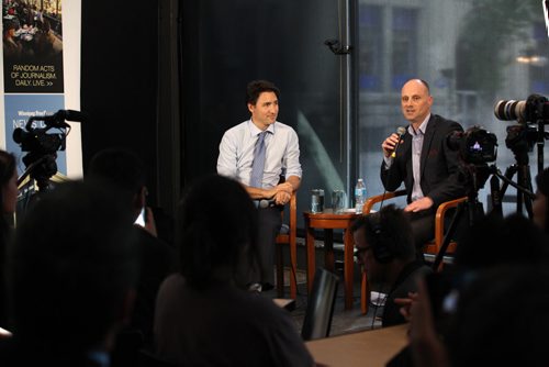 RUTH BONNEVILLE / WINNIPEG FREE PRESS  Prime Minister Justin Trudeau at the Winnipeg Free Press News Cafe being interviewed by WFP editor Paul Samyn with students from Children of the Earth high school in the audience Thursday.  June 02 / 2016