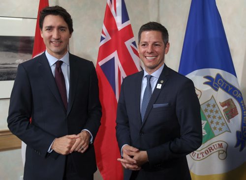 JOE BRYKSA / WINNIPEG FREE PRESS  Winnipeg Mayor Brian Bowman, right, hosting the Federation of Canadian Municipalities Big City Mayors Conference at the RBC Convention Centre in Winnipeg greets Prime Minister Justin Trudeau Friday morning .-June 03 , 2016.(See Aldo Santin  story)