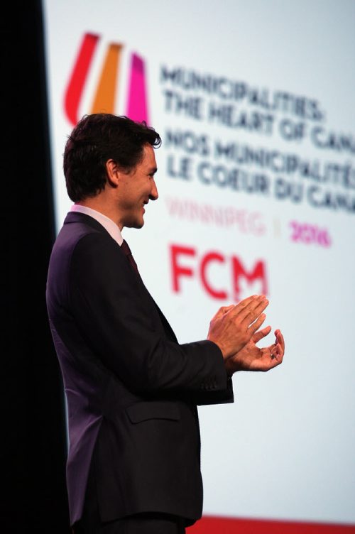 JOE BRYKSA / WINNIPEG FREE PRESS  Prime Minister Justin Trudeau speaks at the  Federation of Canadian Municipalities Big City Mayors Conference at the RBC Convention Centre in Winnipeg Friday morning .-June 03 , 2016.(See Aldo Santin  story)