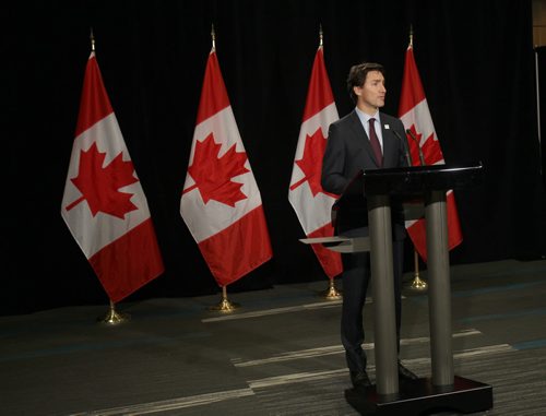 JOE BRYKSA / WINNIPEG FREE PRESS  Prime Minister Justin Trudeau speaks to media at a newsconference after he spoke at the  Federation of Canadian Municipalities Big City Mayors Conference at the RBC Convention Centre in Winnipeg Friday morning .-June 03 , 2016.(See Aldo Santin  story)