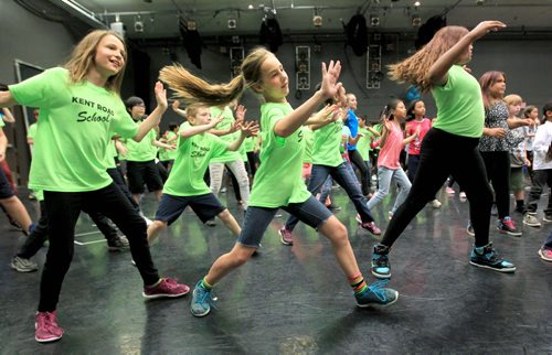 RUTH BONNEVILLE / WINNIPEG FREE PRESS  Grade 5 Kent Road student Mariia (yes, two i's) Mirau, dances beside her friend and classmate, Allie Konoplenko (on her left),  along with other students from her school and others at the RWB Friday for - Sharing Dance Day, where students and dancers come together to dance a choreographed routine to Jully Black's "Sweat of Your Brow". Standup photo   June 03 / 2016