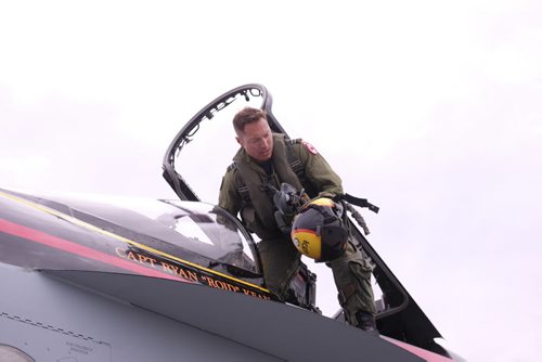 ZACHARY PRONG / WINNIPEG FREE PRESS  Captain Ryan Kean prepares for a practice flight in his CF-18 Hornet at Southport Airfield on June 3, 2016.