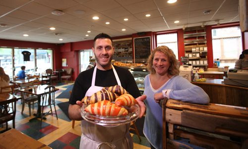 RUTH BONNEVILLE / WINNIPEG FREE PRESS  Frenchway Café Bakery owner Larissa Webster and her pastry chef Emmanuel Baltaglia with his creation of the strawberry and blueberry croissant. Baltaglia is from France and was hired through an immigration program that the Conservatives scrapped in the fall of 2014 that  the Liberals have just revived.  See Carol Sanders story.   June 03 / 2016