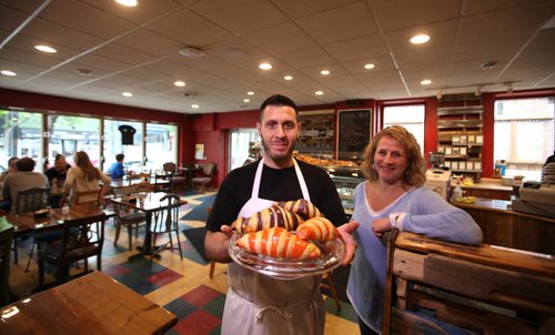RUTH BONNEVILLE / WINNIPEG FREE PRESS  Frenchway Café Bakery owner Larissa Webster and her pastry chef Emmanuel Baltaglia with his creation of the strawberry and blueberry croissant. Baltaglia is from France and was hired through an immigration program that the Conservatives scrapped in the fall of 2014 that  the Liberals have just revived.  See Carol Sanders story.   June 03 / 2016