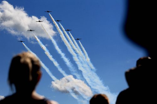 RUTH BONNEVILLE / WINNIPEG FREE PRESS  The Snowbirds pass over crowds of spectators in Southport near Portage Saturday for Manitoba Airshow. See Kevin's story.    June 04 / 2016