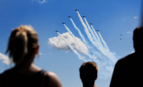 RUTH BONNEVILLE / WINNIPEG FREE PRESS  The Snowbirds pass over crowds of spectators in Southport near Portage Saturday for Manitoba Airshow. See Kevin's story.    June 04 / 2016