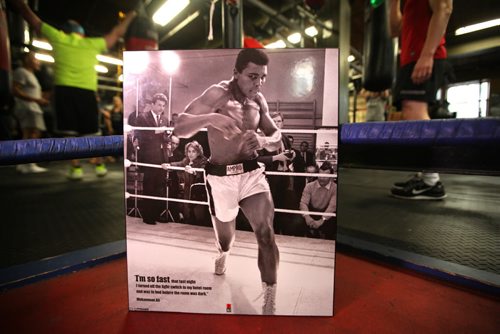 RUTH BONNEVILLE / WINNIPEG FREE PRESS  A photograph of boxing legend, Muhammad Ali in one of the boxing rings at Pan Am Boxing Club Picture courtesy of Pan Am Boxing Club.    See Kevin's story.   June 04 / 2016