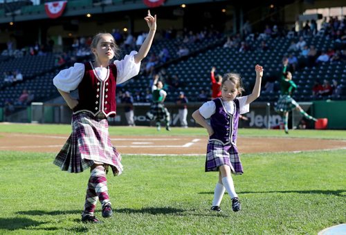 TREVOR HAGAN / WINNIPEG FREE PRESS Dancers from the McGregor Studio of Highland Dance perform prior to the Goldeyes game on Diversity Day at Shaw Park, Saturday, June 4, 2016.