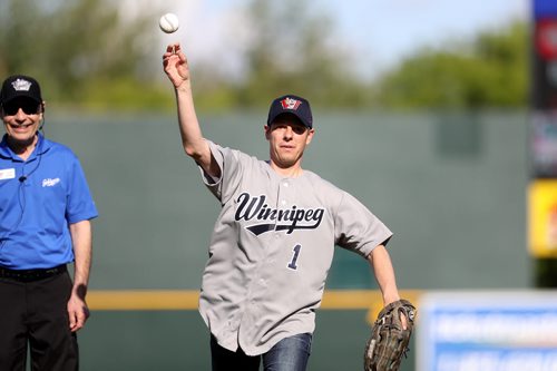 TREVOR HAGAN / WINNIPEG FREE PRESS Mayor Brian Bowman throws out the ceremonial pitch prior to the Goldeyes game on Diversity Day at Shaw Park, Saturday, June 4, 2016.