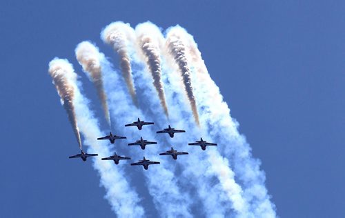 RUTH BONNEVILLE / WINNIPEG FREE PRESS  The Snowbirds make formation pass over crowds of spectators in Southport near Portage Saturday for Manitoba Airshow. See Kevin's story.    June 04 / 2016