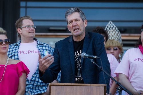 MIKE DEAL / WINNIPEG FREE PRESS Premier Brian Pallister speaks to the crowd gathered on the steps of the Manitoba Legislative Building before the start of the Pride Parade Sunday. 160605 - Sunday, June 05, 2016