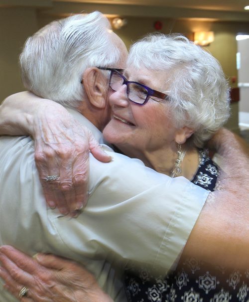 JOE BRYKSA / WINNIPEG FREE PRESS  65th anniversary reunion of the Manitoba Teachers College class of 1951- Elaine Rex  hugs fellow student Ed Woods prior to lunch at Viscount Gort June 06 , 2016.(See Gordon Sinclair column)
