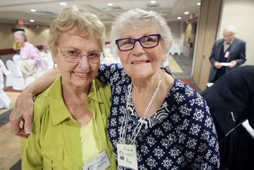 JOE BRYKSA / WINNIPEG FREE PRESS 65th anniversary reunion of the Manitoba Teachers College class of 1951- Students Pat Challis, left, and Elaine Rex pose for photo prior to lunch at Viscount Gort June 06 , 2016.(See Gordon Sinclair column)