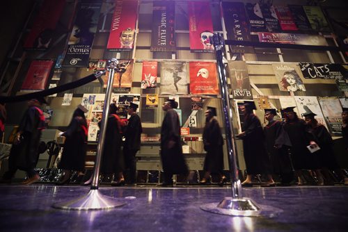 JOHN WOODS / WINNIPEG FREE PRESS Backstage at the Centennial Concert Hall graduates wait their turn to enter the main hall at the Red River College spring convocation ceremony Tuesday, June 7, 2016.