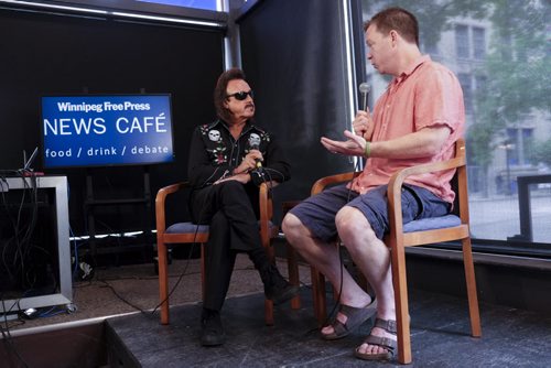 ZACHARY PRONG / WINNIPEG FREE PRESS  "Mouth of the South" Jimmy Hart (L), the former manager of many professional wrestlers including Hulk Kogan and Winnipeg's own Rowdy Roddy Piper, is interviewed by Geoff Kirbyson at the Winnipeg Free Press News Cafe on Wednesday June 8, 2016. Hart is in town for speaking event, "A Night of Wrestling Tales with Jimmy Hart 'The Mouth of the South', at the Park Theatre tonight at 7 pm.