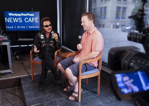 ZACHARY PRONG / WINNIPEG FREE PRESS  "Mouth of the South" Jimmy Hart (L), the former manager of many professional wrestlers including Hulk Kogan and Winnipeg's own Rowdy Roddy Piper, is interviewed by Geoff Kirbyson at the Winnipeg Free Press News Cafe on Wednesday June 8, 2016. Hart is in town for speaking event, "A Night of Wrestling Tales with Jimmy Hart 'The Mouth of the South', at the Park Theatre tonight at 7 pm.