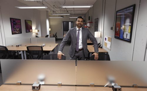 WAYNE GLOWACKI / WINNIPEG FREE PRESS      Roy Sandhawalia, Area Manager in the new Regus workspace at 330 St. Mary Avenue.This area is the 18 desk co-working campus. Bailey Hildebrand story. June 8  2016