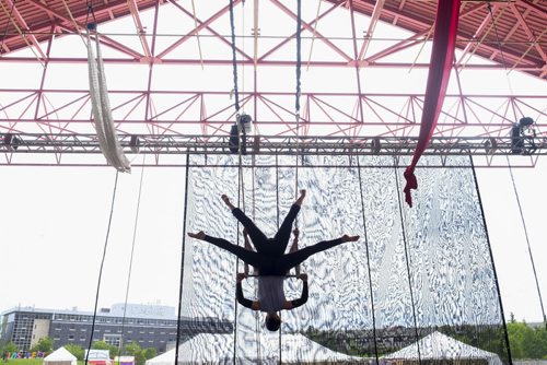 ZACHARY PRONG / WINNIPEG FREE PRESS  Molly Keezan and Danielle Gnidec, "The Silver Starlets", practice their acrobatic routine in preparation for Kidsfest which will take place from June 9-12 at the Forks. Kidsfest will also include "big top" tents where families can enjoy theatre, music, story telling, dance and acrobatics.