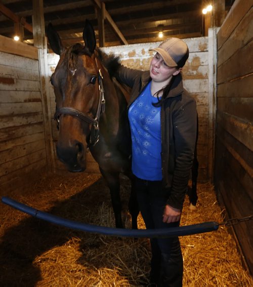 WAYNE GLOWACKI / WINNIPEG FREE PRESS     Trainer Katie MacLennan with Rincon in the stable area at the Assiniboia Downs. George Williams story. June 9  2016
