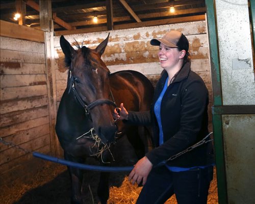 WAYNE GLOWACKI / WINNIPEG FREE PRESS     Trainer Katie MacLennan with Rincon in the stable area at the Assiniboia Downs. George Williams story. June 9  2016