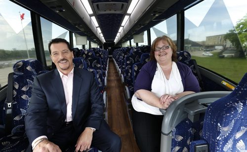 WAYNE GLOWACKI / WINNIPEG FREE PRESS      Walt Morris pres./owner of Walt Morris Group of Companies and Maisie Hicks G.M. of Exclusive Bus Lines in one of their buses after the news conference in Selkirk.Mb. Thursday. It was  announced the Headingley-based Exclusive Bus Lines is taking over the Selkirk-to-Winnipeg bus service  that Beaver Bus Lines is halting July 1. Bill Redekop story. June 9  2016