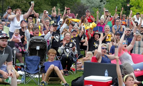 BORIS MINKEVICH / WINNIPEG FREE PRESS Winkler, MB - HOCKEY NIGHT IN WINKLER - Eric Fehr fans cheer on the Penguins in Bethel Heritage Park. In this photo the Penguins score a goal in the first period. June 9, 2016.