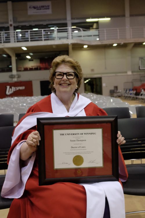 ZACHARY PRONG / WINNIPEG FREE PRESS  Susan Thompson, the former mayor of Winnipeg, holds her Honorary Doctorate of Laws at the University of Winnipeg Spring Convocation on Friday, June 10, 2016. Thompson received the doctorate in honour of her lifetime of public service.