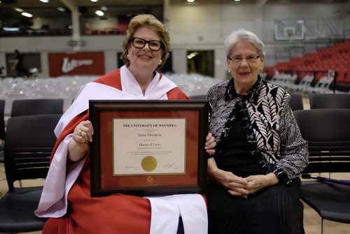 ZACHARY PRONG / WINNIPEG FREE PRESS  Susan Thompson, the former mayor of Winnipeg, holds her Honorary Doctorate of Laws at the University of Winnipeg Spring Convocation on Friday, June 10, 2016. Her sister Lenore Swan, 81, came all the way from Oregon for the service. Thompson received the doctorate in honour of her lifetime of public service.
