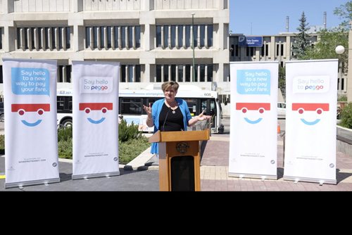ZACHARY PRONG / WINNIPEG FREE PRESS  Councillor Janice Lukes introduces the new electronic fare collection system 'peggo' at City Hall on Friday, June 10, 2016. "The new electronic fare collection system is simple and easy to use and will improve the transit experience for both riders and operators," said Lukes. 'peggo' cards can be purchased at any 7/11, Shoppers Drug Mart, online or over the phone.