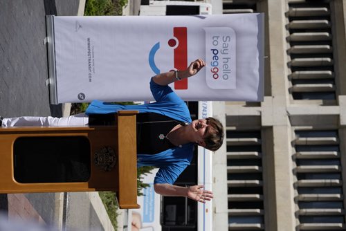 ZACHARY PRONG / WINNIPEG FREE PRESS  Councillor Janice Lukes introduces the new electronic fare collection system 'peggo' at City Hall on Friday, June 10, 2016. "The new electronic fare collection system is simple and easy to use and will improve the transit experience for both riders and operators," said Lukes. 'peggo' cards can be purchased at any 7/11, Shoppers Drug Mart, online or over the phone.