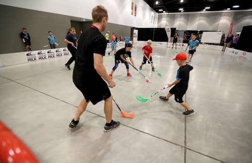 TREVOR HAGAN / WINNIPEG FREE PRESS Dayton Kiesman, 12, who plays defence for the St.Vital Victorias, carrying the puck during the Canadian Hockey Expo at the Convention Centre, Saturday, June 11, 2016.