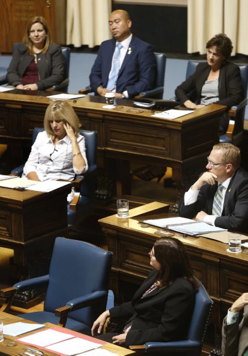 WAYNE GLOWACKI / WINNIPEG FREE PRESS    Premier Brian Pallister's empty chair beside Heather Stefanson, Minister of Justice and Attorney General during question period Monday.  Kristin Annable story    June 13  2016