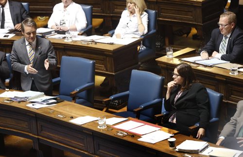 WAYNE GLOWACKI / WINNIPEG FREE PRESS    Premier Brian Pallister's empty chair between Heather Stefanson, Minister of Justice and Attorney General and Cameron Friesen Minister of Finance during question period Monday.  Kristin Annable story    June 13  2016