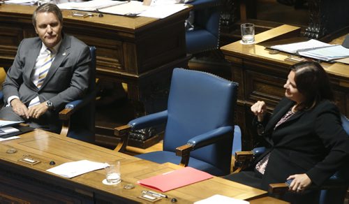 WAYNE GLOWACKI / WINNIPEG FREE PRESS    Premier Brian Pallister's empty chair between Heather Stefanson, Minister of Justice and Attorney General and Cameron Friesen Minister of Finance during question period Monday.  Kristin Annable story    June 13  2016