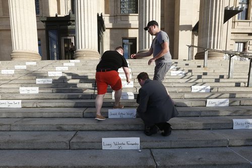 JOHN WOODS / WINNIPEG FREE PRESS Names of Orlando shooting victims are places prior to a vigil for Orlando shooting victims at the Manitoba Legislature Monday, June 13, 2016.