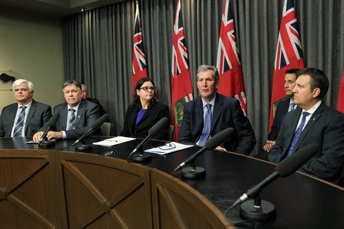 MIKE DEAL / WINNIPEG FREE PRESS  Premier Brian Pallister joined by colleagues in his government and members of Manitoba's business community and aerospace industry is calling on the federal government to ensure that Manitoba's aerospace industry is strengthened not weakened by their decisions at the federal level.   160614 Tuesday, June 14, 2016