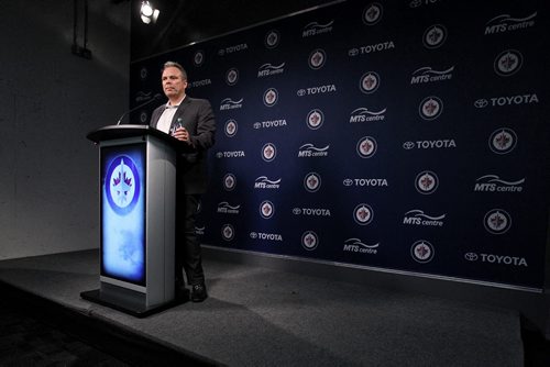 MIKE DEAL / WINNIPEG FREE PRESS  Winnipeg Jets GM Kevin Cheveldayoff answers questions from the media now that the 2015-16 NHL season is completely finished.   160614 Tuesday, June 14, 2016