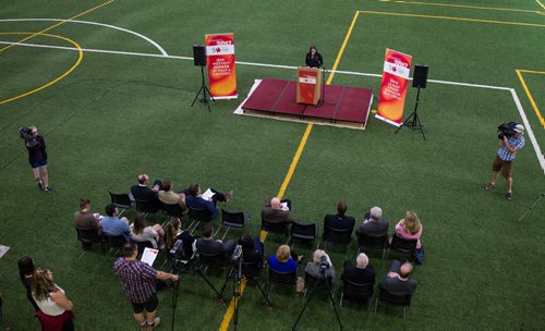 MIKE DEAL / WINNIPEG FREE PRESS Larissa Sawchuk, with the 2017 Canada Summer Games hosting organization announced a number of sponsors including Great-West Life, The Winnipeg Foundation and Quick Transfer at the media event held in the University of Winnipeg's new Axworthy Health and RecPlex. 160614 - Tuesday, June 14, 2016