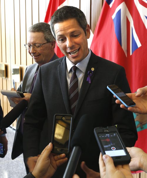 WAYNE GLOWACKI / WINNIPEG FREE PRESS    Mayor Brian Bowman speaks to reporters during lunch break at City Hall Wednesday.   Aldo Santin story    June 15  2016