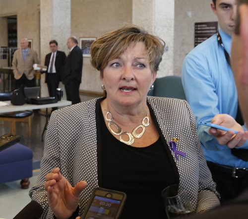 WAYNE GLOWACKI / WINNIPEG FREE PRESS     Winnipeg Councillor Janice Lukes  at City Hall¤Wednesday morning. ¤Speaks to reporters re:  councillors refusing to sign the non disclosure agreement.¤ Aldo Santin story    June 15  2016