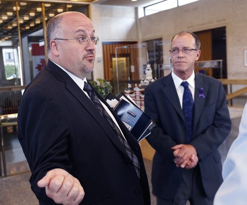 WAYNE GLOWACKI / WINNIPEG FREE PRESS  Winnipeg Councillors Russ Wyatt,left, and Shawn Dobson at City Hall Wednesday morning.They are two of the eight councillors refusing to sign the non disclosure agreement. Aldo Santin story    June 15  2016