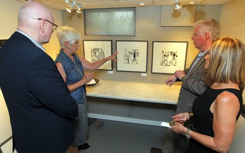 BORIS MINKEVICH / WINNIPEG FREE PRESS Icelandic delegation attend private showing of Art Exhibition at Soul Gallery Inc. by esteemed Icelandic- Canadian Printmaker, Inga Torfadóttir(second from left) . The Consul General of Iceland, Mr.Thordur Bjarni Gudjonsson (left) , the Speaker of the Icelandic Althingi, Einar K. Gudfinnsson (second from right)(who is on an official visit in Winnipeg June 14-19th). Julie E. Walsh is the gallery owner(right). June 15, 2016.