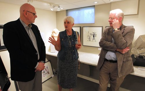 BORIS MINKEVICH / WINNIPEG FREE PRESS Icelandic delegation attend private showing of Art Exhibition at Soul Gallery Inc. by esteemed Icelandic- Canadian Printmaker, Inga Torfadóttir(middle). The Consul General of Iceland, Mr.Thordur Bjarni Gudjonsson (left), the Speaker of the Icelandic Althingi, Einar K. Gudfinnsson(right) (who is on an official visit in Winnipeg June 14-19th). Julie E. Walsh is the gallery owner. June 15, 2016.