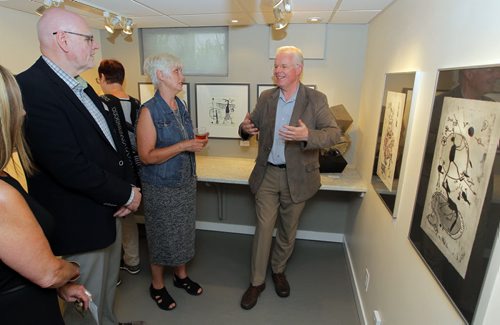 BORIS MINKEVICH / WINNIPEG FREE PRESS Icelandic delegation attend private showing of Art Exhibition at Soul Gallery Inc. by esteemed Icelandic- Canadian Printmaker, Inga Torfadóttir(second from right). The Consul General of Iceland, Mr.Thordur Bjarni Gudjonsson (left), the Speaker of the Icelandic Althingi, Einar K. Gudfinnsson(right) (who is on an official visit in Winnipeg June 14-19th). Julie E. Walsh is the gallery owner. June 15, 2016.