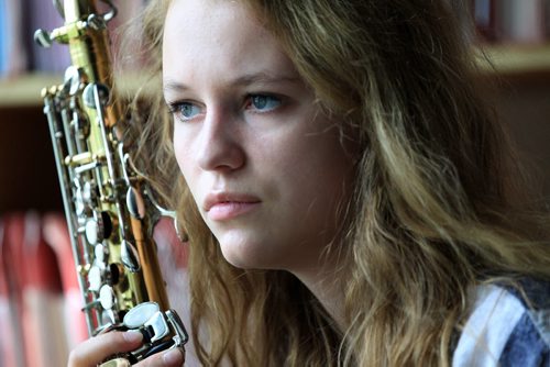 RUTH BONNEVILLE / WINNIPEG FREE PRESS  2017 Project: Grade 11, Glen Lawn student, Hailey, practices playing her sax in one of the rehearsal rooms at the school.  She has become a strong sax player and is in an advanced jazz band at her school.  Hailey is one of a group of students from Windsor School that the Free Press has been following since kindergarden.    See Doug Speirs story.   June 15 / 2016