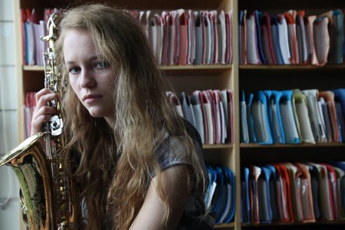 RUTH BONNEVILLE / WINNIPEG FREE PRESS  2017 Project: Grade 11, Glen Lawn student, Hailey, practices playing her sax in one of the rehearsal rooms at the school.  She has become a strong sax player and is in an advanced jazz band at her school.  Hailey is one of a group of students from Windsor School that the Free Press has been following since kindergarden.    See Doug Speirs story.   June 15 / 2016