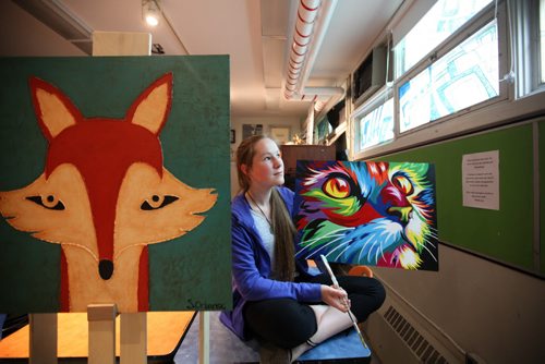 RUTH BONNEVILLE / WINNIPEG FREE PRESS  2017 Project: Grade 11, Glen Lawn student, Sarah shows off a couple pieces of her works of art in the art room at the school.  She will be in an advanced art class next year at her school.   She is one of a group of students from Windsor School that the Free Press has been following since kindergarden.     See Doug Speirs story.   June 15 / 2016