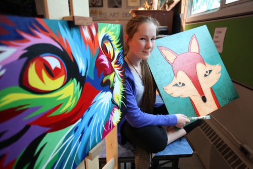 RUTH BONNEVILLE / WINNIPEG FREE PRESS  2017 Project: Grade 11, Glen Lawn student, Sarah shows off a couple pieces of her works of art in the art room at the school.  She will be in an advanced art class next year at her school.   She is one of a group of students from Windsor School that the Free Press has been following since kindergarden.     See Doug Speirs story.   June 15 / 2016