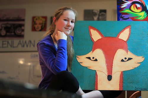RUTH BONNEVILLE / WINNIPEG FREE PRESS  2017 Project: Grade 11, Glen Lawn student, Sarah shows off a couple pieces of her works of art in the art room at the school.  She will be in an advanced art class next year at her school.   She is one of a group of students from Windsor School that the Free Press has been following since kindergarden.     See Doug Speirs story.   June 15 / 2016